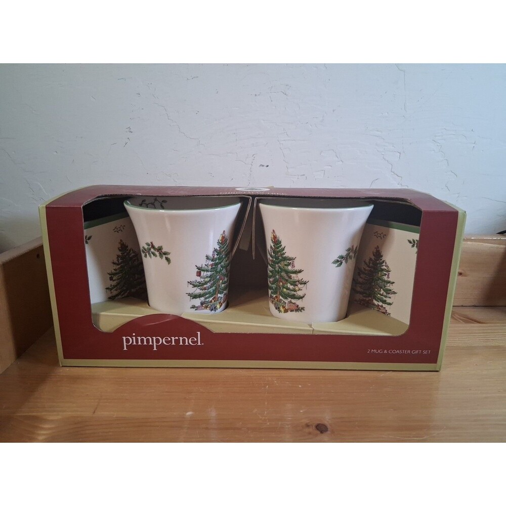 Pimpernel Spode Christmas Tree Mug & Coaster Set 2 Stoneware Cups Handles New!